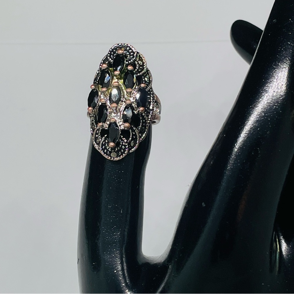 1980s Hematite and Marcasite Silvertone over Copper Gothic Revival Ring